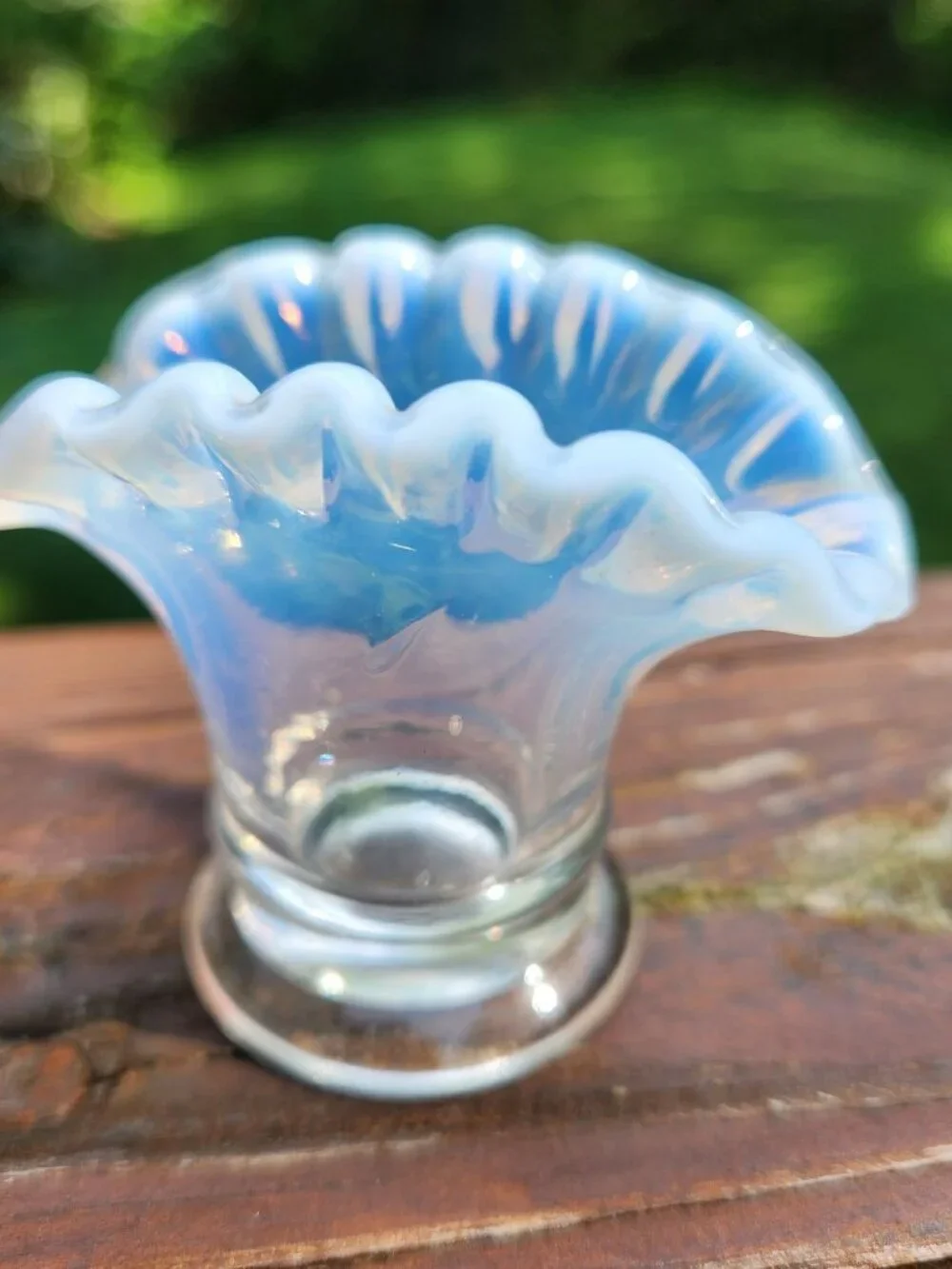 Fenton Vintage Clear French Opalescent Mini Fan Glass Crimped Vase 37 Miniature